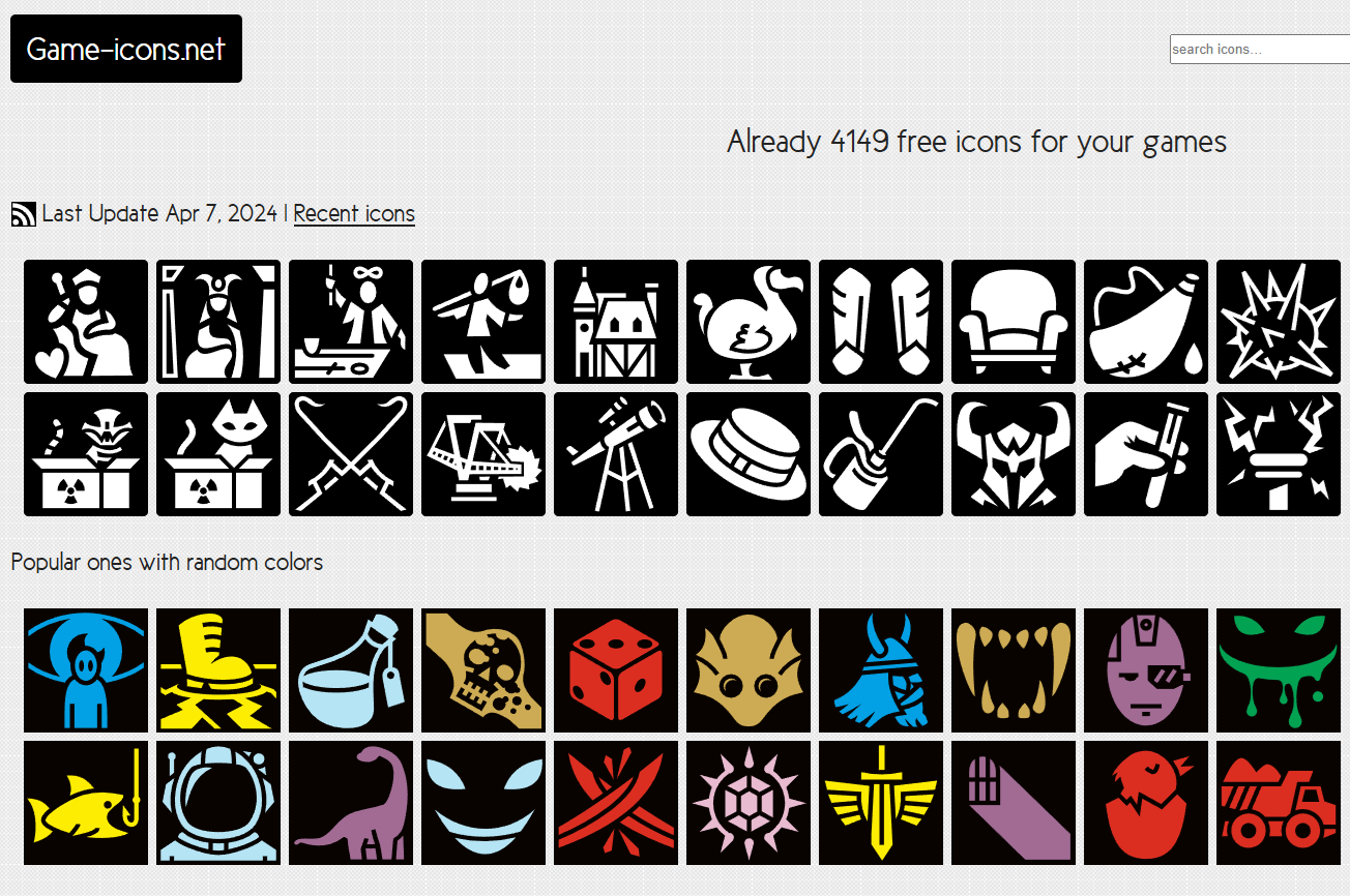 A screenshot of the game-icons.net website.