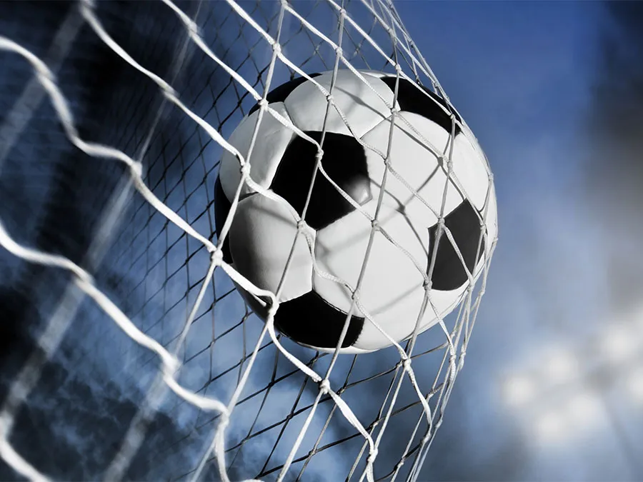 A soccer ball in netting.